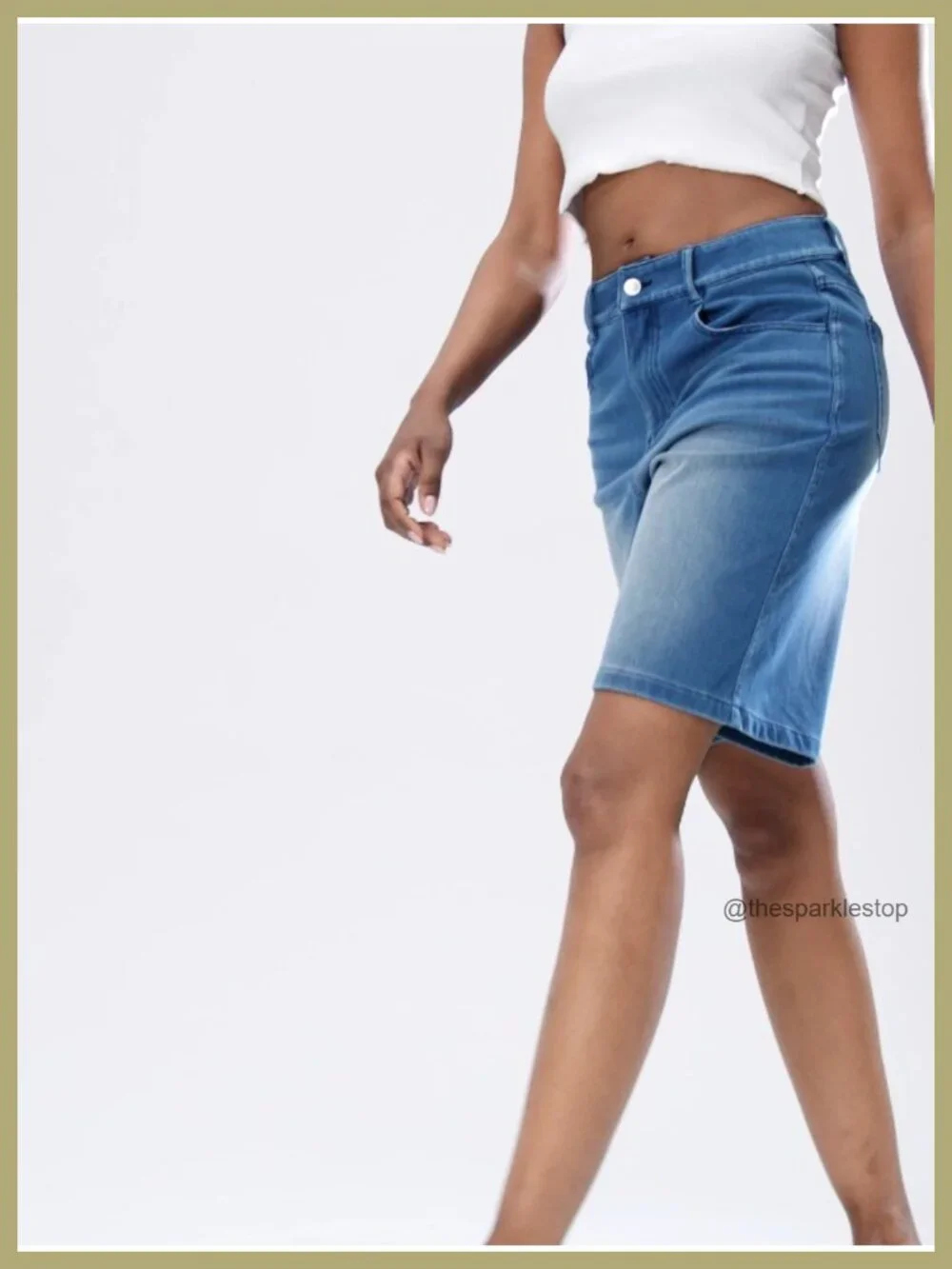 High Waisted Stretch Denim Bermuda Shorts, Wide Leg Loose Fit Knee Length with